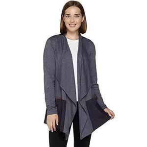 LOGO LOUNGE French Terry Cardigan Faux Suede Hem Gray Plus sz 3X Lori Goldstein